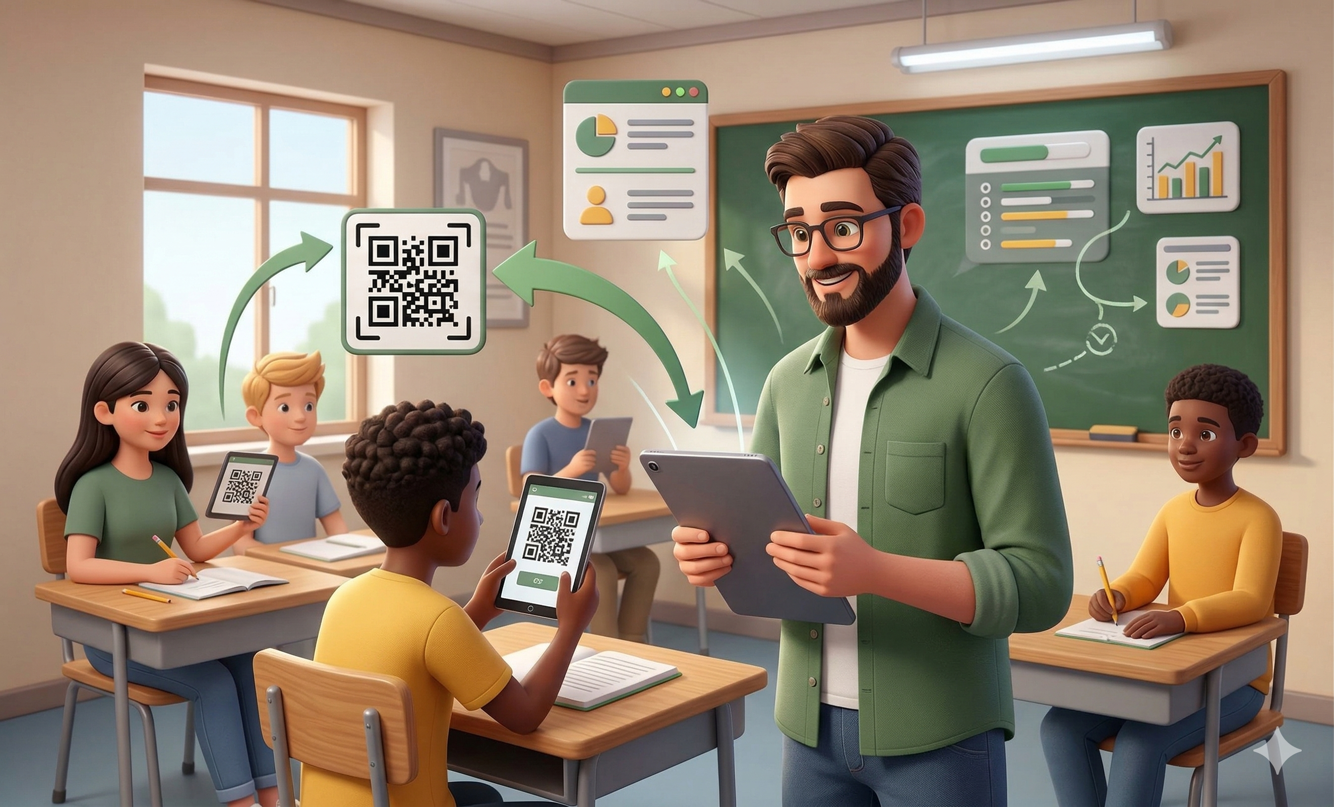 Professor e alunos em sala de aula usando QR Code